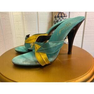 vintage 1970s high heel slides aqua yellow leather leaves 70s fashion stiletto 6
